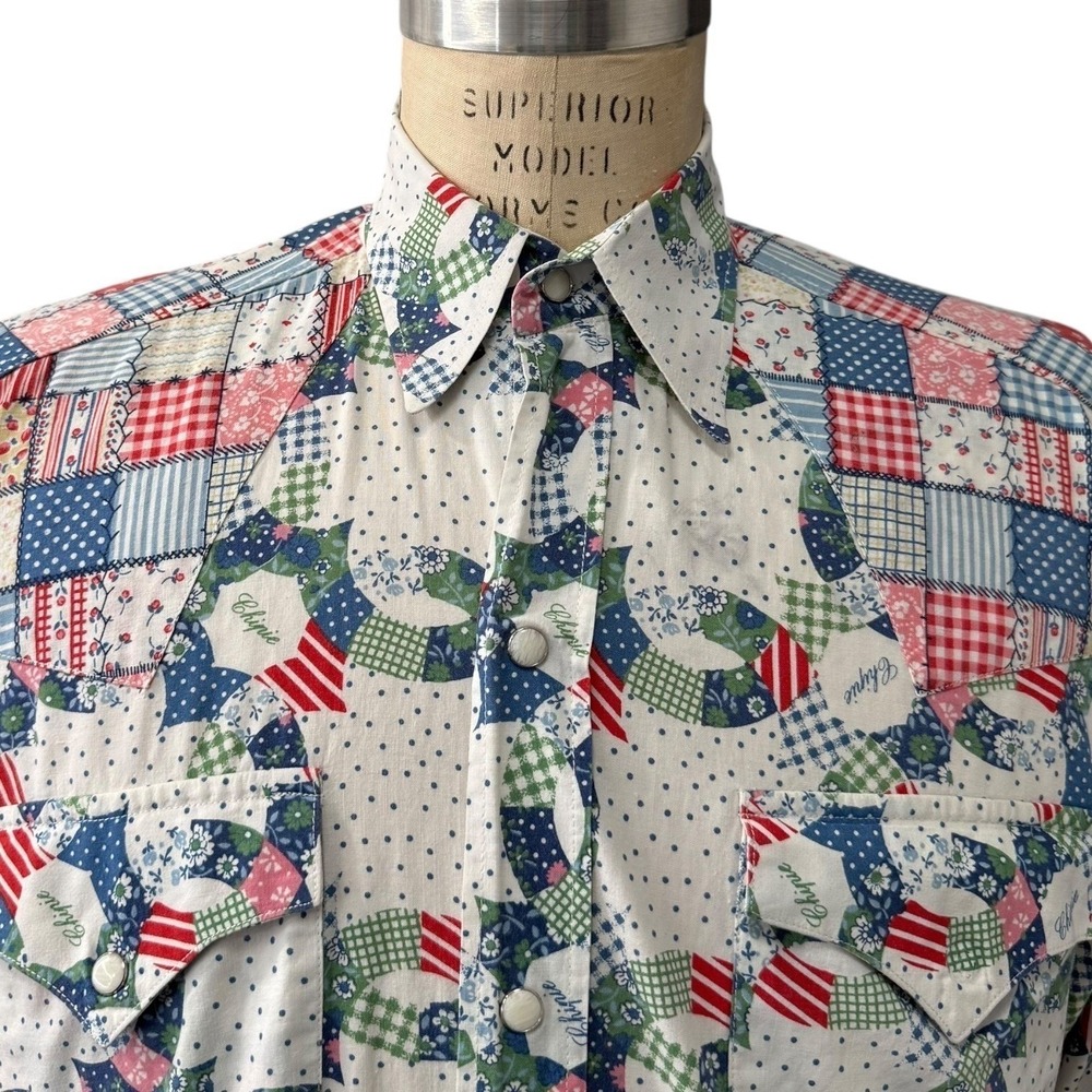Vintage Chipie Westerner Quilted Patchwork Print Shirt Mens Long Sleeve Snap - Picture 2 of 8